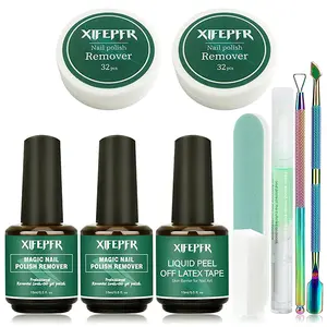 XIFEPFR Gel Nail Polish Remover Kit - 2 Pack Gel Polish Remover with Latex Tape Peel Off Liquid & Manicure Tools, 2-5 Minutes Professional Quick Remove Polish, No Soaking or Wrapping, Perfect Gifts
