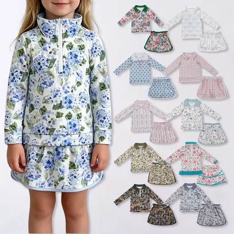 Toddler Girl Floral 2‑Piece Outfit Quarter Zip Top & Skirt Set Fall autumn Little Girls Casual Daily Wear Multiple Patterns Available