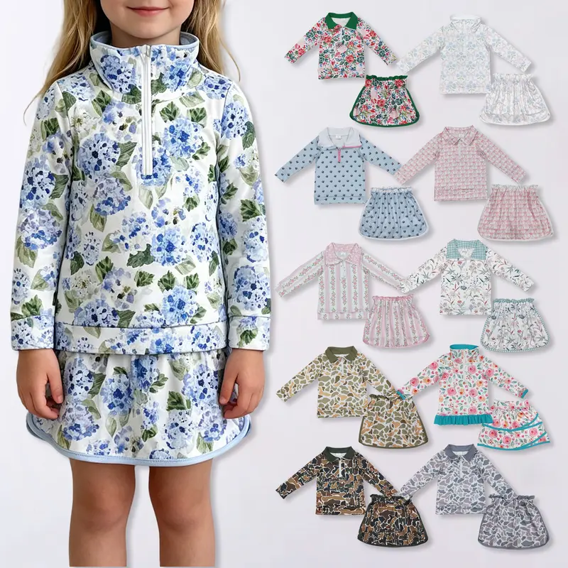 Toddler Girl Floral 2‑Piece Outfit Quarter Zip Top & Skirt Set Fall autumn Little Girls Casual Daily Wear Multiple Patterns Available