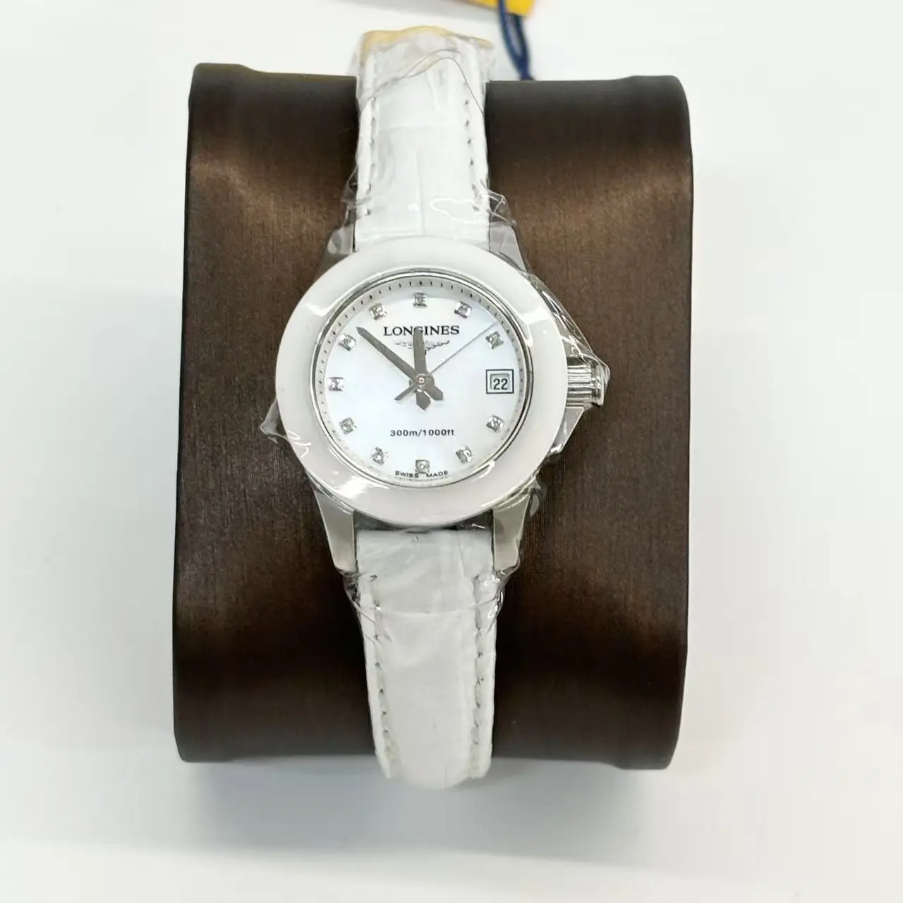 Longines Conquest Diving Ladies Quartz Watch, White Ceramic Bezel, Stainless Steel Case, Mother-of-Pearl Dial with Diamond Hour Markers & Date Window, 300m Water Resistance, White Croc-Embossed Leather Strap, 29.5mm Case Diameter, S899, N 23363512