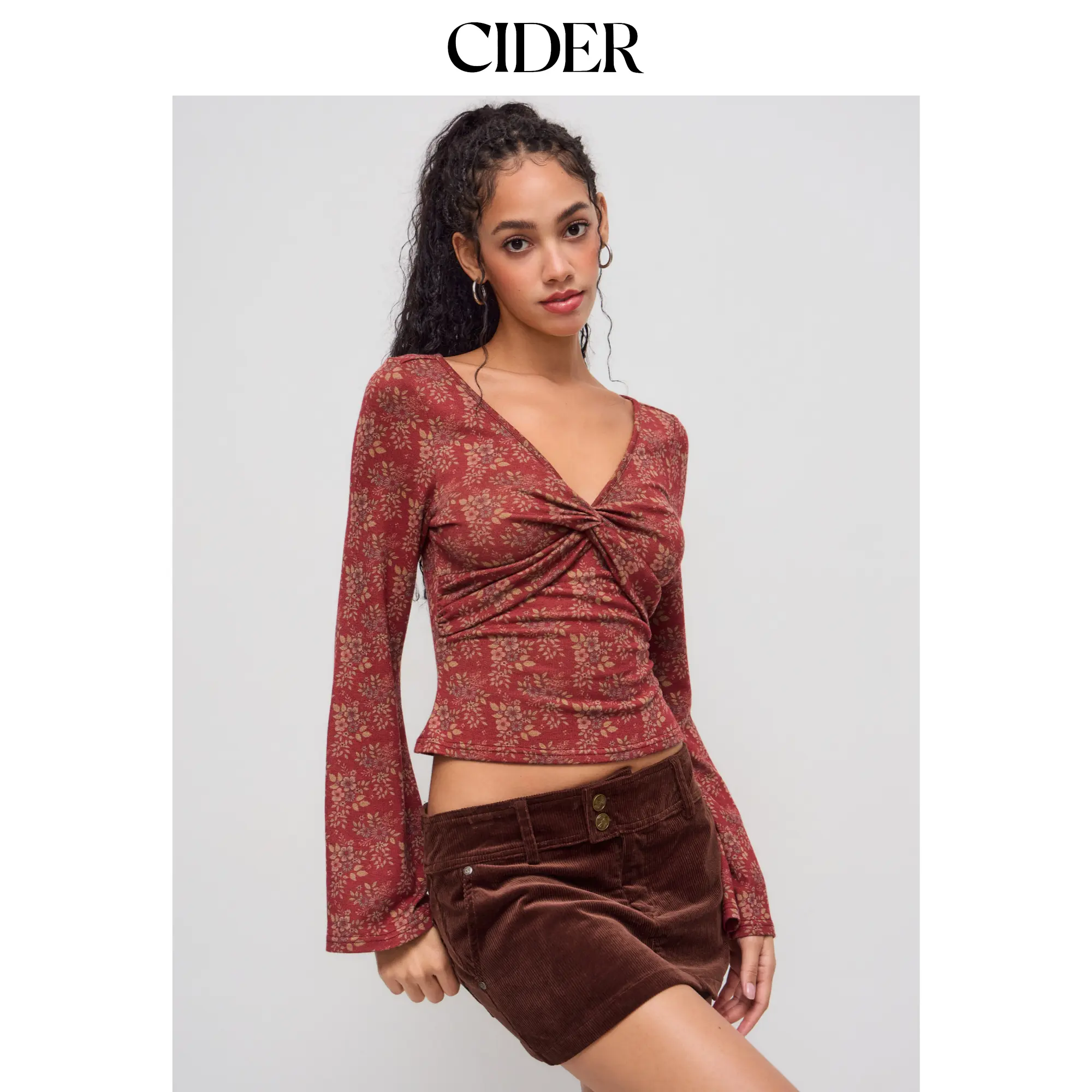 Cider V-neck Floral Twist Long Sleeve Top SohoChic