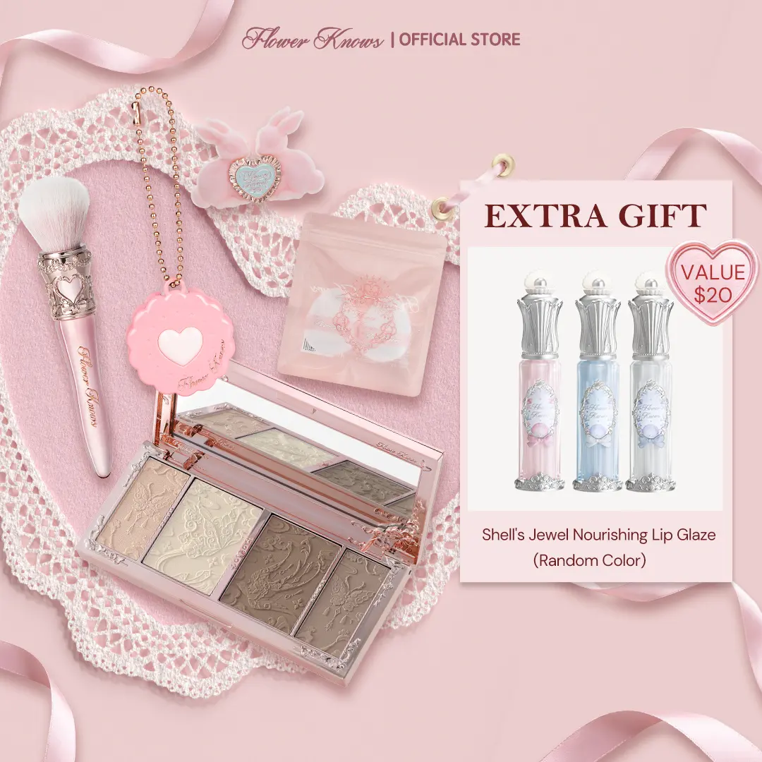 Flower Knows Gentle Beam 5-in-1 Aesthetic Assorted Makeup Gift Set, Makeup Products Kit with Fragranced Dual Powder, Contouring Product, Buildable Shade Mono Eyeshadow, Tools, Bronzing Palette Bronzers, Smooth Finish for Cool-Tone Looks