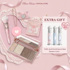 Flower Knows Gentle Beam 5-Item Multi-Pack Makeup Gift Set, Cosmetics Kit with Fragranced Dual Powder, Contouring Product, Buildable Shade Mono Eyeshadow & Tools, Smooth Finish for Cool-Tone Looks