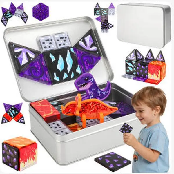 deAO Dinosaur Toys Magnetic Tiles Lava Dinosaur World Set - Magnetic Building Blocks for Kids Ages 3-5 and 5-7 (Girls and Boys), Ages 4-6 and 6-8; Classroom Essentials; Sensory Toys for Ages 3 and Up