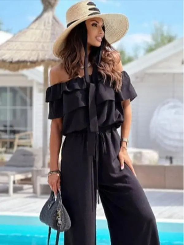 Women's Off-Shoulder Ruffle Drawstring Waist Jumpsuit - Short Sleeve Elastic Waist Solid Fabric Beachwear, Elegant Wide-Leg Cover Up for Resort Vacations, Drawstring Waist Jumpsuits, Jumpsuits For Women