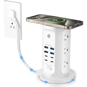 Power Strip Tower,  Surge Protector Tower 9 AC Outlets 8 USB (4 USB C), 6 Ft Retractable Extension Cord,  Station for Office Dorm Room, White