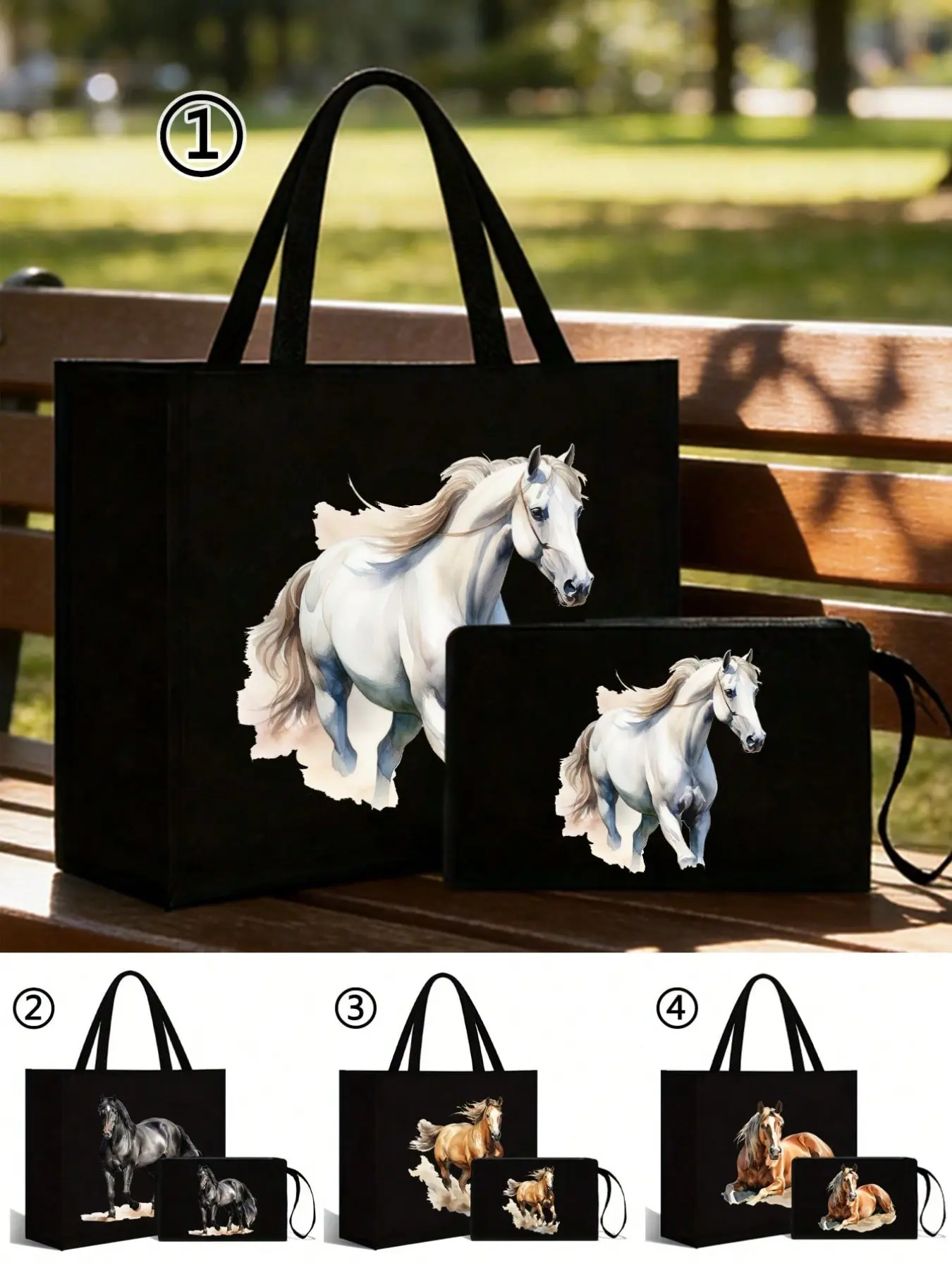 Watercolor Horse Print Canvas Handbag and Crossbody Bag Set, Large Capacity for Equestrian Enthusiasts, Daily Use, Shopping, Gift