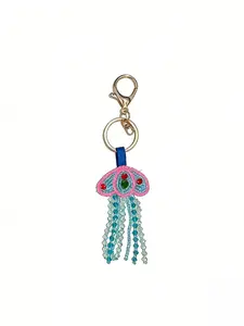 Adorable Blue- Gradient Jellyfish Keychain, Handmade Beaded Fringe Charm, Sweet Style Bag Accessory for All Seasons