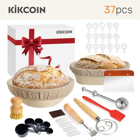 [Hot Picks]Complete Sourdough Starter Kit,Food Storage Container Jar,Bread  Banneton,Proofing Basket,Spatula,Sourdough Starter Kit Kikcoin 37PCS Banneton Proofing Basket set,Natural Rattan,Flour Duster,Bread,Dough Scraper,Baking Utensils，gift tiktokshopsp