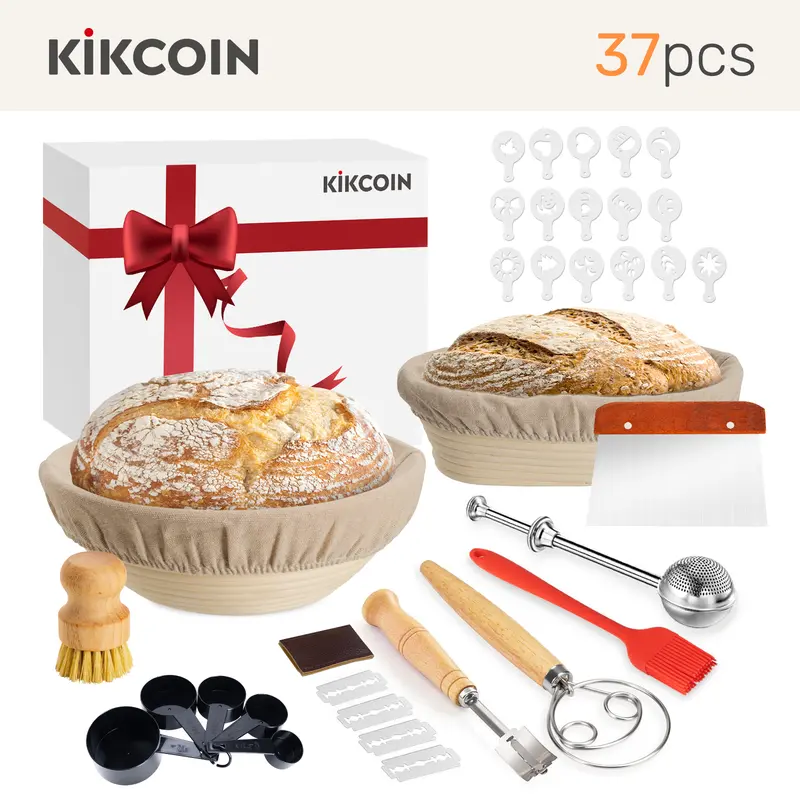 [Hot Picks]Complete Sourdough Starter Kit,Food Storage Container Jar,Bread  Banneton,Proofing Basket,Spatula,Sourdough Starter Kit Kikcoin 37PCS Banneton Proofing Basket set,Natural Rattan,Flour Duster,Bread,Dough Scraper,Baking Utensils，gift