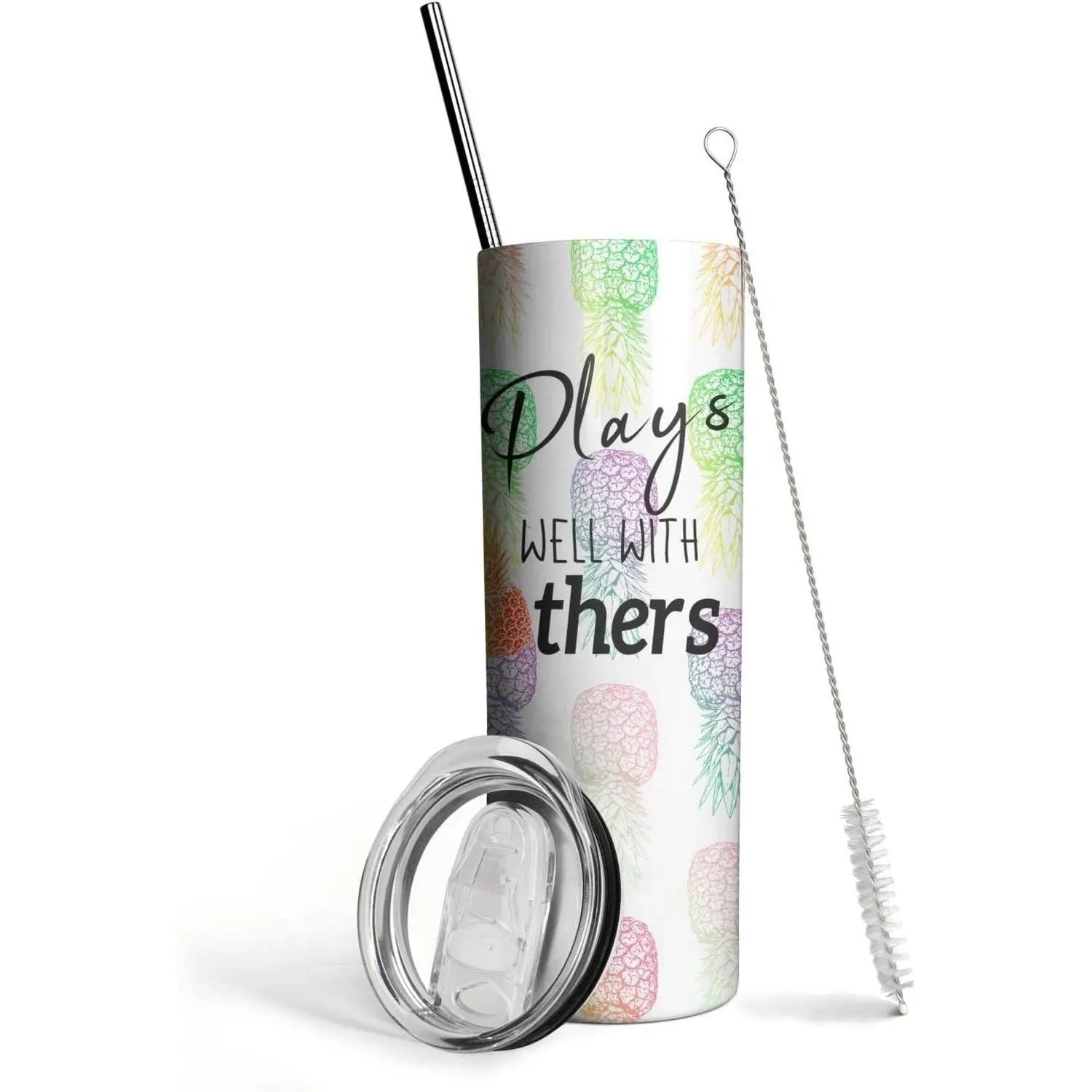 20 Oz Wide Mouth Round Pineapple Printed Stainless Steel Insulated Water Bottle - Vacuum Flask with Lid, Straw, Reusable, Portable, Travel-Friendly Kitchenware Drinkware for Coffee, Water Use, Water Bottles