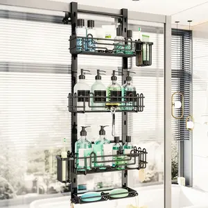 4 Tier Over the Door Shower Caddy, Hanging Shower Organizer with 22 Hooks and 2 Toothbrush Holders, No Drilling Adjustable Hanging Shelves for Bathroom Storage - Black