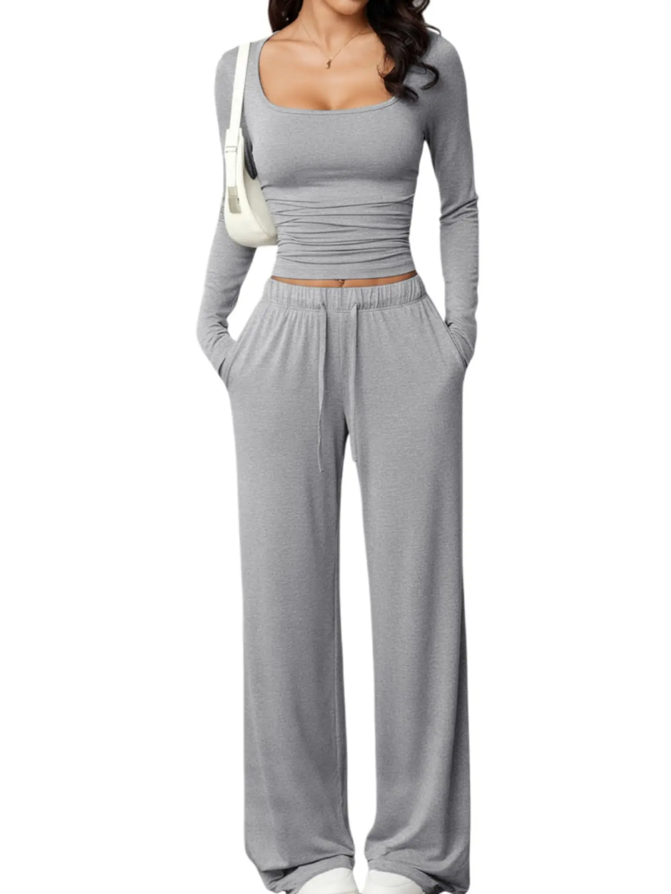 2026 Women's New Basic Style Two-Piece Square Neck Long Sleeve Short Top Set, Drawstring Adjustable Pocket Pants Homewear, Fall Winter Casual Outfit Womenswear Clothes, Pocketed Pants Set