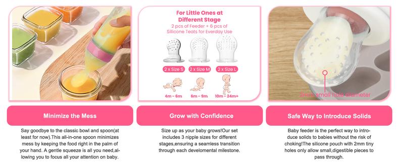 WAJIAYON Baby Fruit Feeder Pacifier - 6 Pack | 2 Infant Food Feeder Pacifier & 2 Baby Food Dispensing Spoon | Fresh Fruit Teethers for Babies | Silicone Feeder Babies,Infant Teething Feeders -Pink