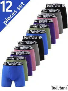 12 Packs Men's Solid Color/Letter Tape Stretchy Boxer Briefs,Casual Comfy Slim Fit Breathable Moisture Absorption Opening Crotch Underwear for Daily Wear,Mens Underwear for All Seasons, Undergarments,Athleisure Menswear, Underwear Boxer Briefs