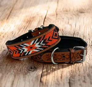 Leather Beaded Dog Collar Full Grain Leather 1.5" Wide Handcrafted Western Floral Design Heavy Duty Solid Metal Buckle D Ring Comfortable Sturdy Natural Brown Tone