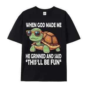 Funny Turtle Print Unisex TShirt, Crew Neck, Casual Cotton Tee, When God Made Me He Grinned And Said This' Ll Be Fun Pattern, for Spring/Summer/Fall