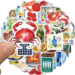 Mediterranean Food Sticker, 50pcs Cartoon Mediterranean Tomato Food Vinyl Decals for Decor Laptops, Aesthetic Cute Lemon Labels Sticker for DIY Scrapbook