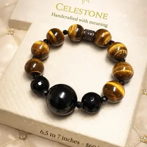 Celestone Handcrafted Tiger Eye & Black Onyx Bracelet 6.5 to 7 Inches Meaningful Jewelry