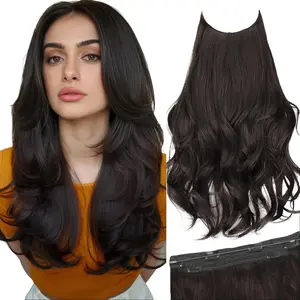 AISI HAIR 20 Inch Invisible Wire Hair Extensions with Transparent Wire Adjustable Size 6 Secure Clips Long Wavy Layered Natural Looking Thinner Double Weft Hairstyle Synthetic Hairextensions