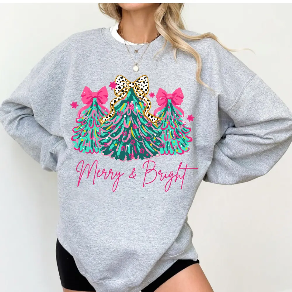 Christmas Sweatshirt Merry & Bright Xmas Tree Sweater Pink Holiday Festive Bow Lights Pullover Cute Jolly Tee Merry Christmas Mom Crewneck