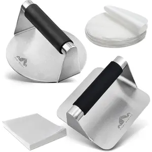 Stainless Steel Burger Press -5.5 inch Round and Square Meat Masher with  Handles - Non-Stick Hamburger Press with 100 count  Papers - Burger Smasher for Hamburger Patties
