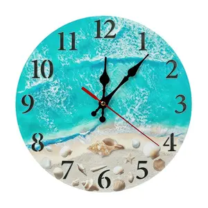 Turquoise Ocean Beach Seashells Wall Clock | Silent Sweep Movement With Waves & Shells Print, Battery Not Included, Ideal For Coastal Home, Bathroom, Vacation House Decor