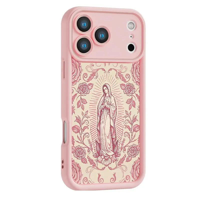 Y-Pink & Black Virgin Mary Pattern TPU Straight Edge Smartphone Case - Strong Protection Accessory, Compatible with iPhone 11-17 Pro Max, iPhone 12 Pro, Samsung S22-S25 Ultra, Girls' Gift