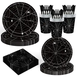 Halloween Spider Party Paper Plates Disposable Party Supplies Cups Napkins Dinnerware Set Spooky Theme Decorations