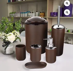 BadyminCSL 6 Piece Chocolate Brown Bathroom Accessory Set with Soap Dispenser Pump Toothbrush Holder Toilet Brush Trash Can Tumbler & Soap Dish for Home Organization