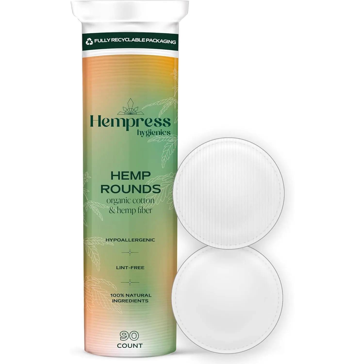 Hempress Organic Hemp Cotton Rounds for Face, Dual-Sided Makeup Remover & Exfoliating Pads, Vegan & Non-Toxic, 90 Count