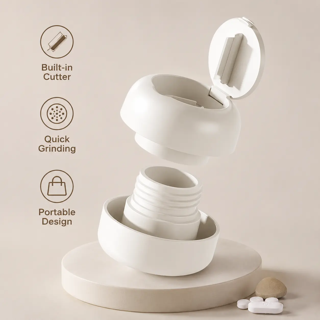 1 Count Pill Cutter and Grinder, Compact Portable Integrated Tablet Cutting and Grinding Tool for Daily Home and Travel Use