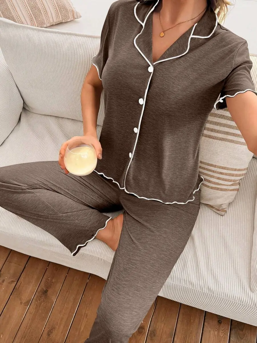 Women's Classic Simple Brown V-Neck Short Sleeve Top And Pants Loungewear Set, Casual Everyday Sleepwear