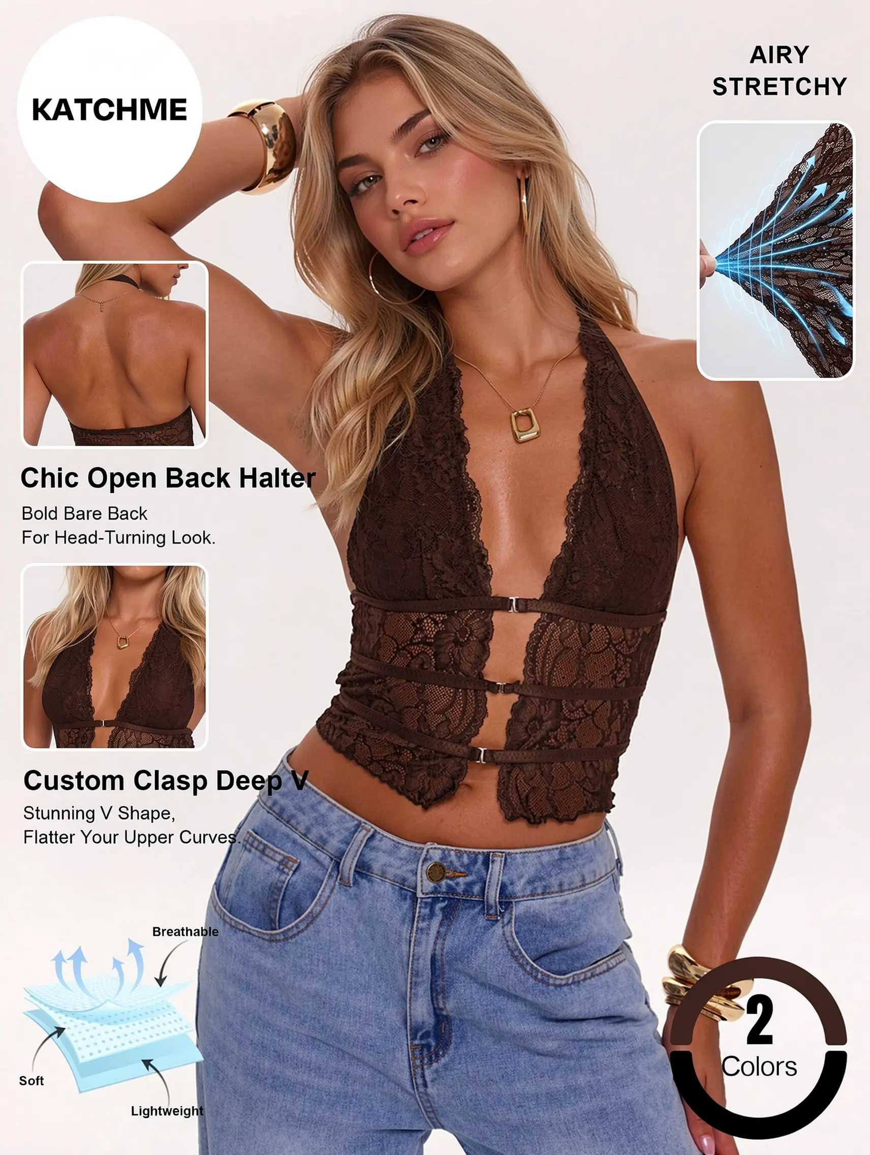 Katch Me Chic Women's Feminine Floral Lace Sheer Deep Neck Halter Cami Top - Lady's Beach Cropped Blouse with Twist Front Buckle, Breathable Skin-Friendly Fabric, Backless Lightweight Summer Wear