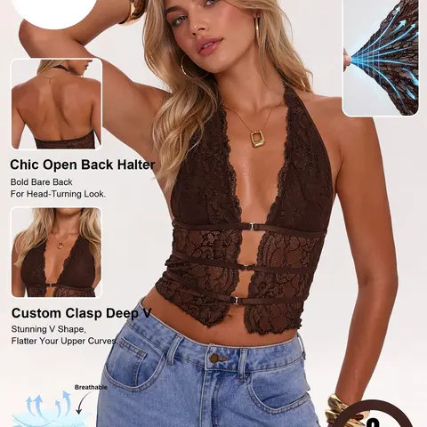 Katch Me Chic Women's Feminine Floral Lace Sheer Deep Neck Halter Cami Top - Lady's Beach Cropped Blouse with Twist Front Buckle, Breathable Skin-Friendly Fabric, Backless Lightweight Summer Wear
