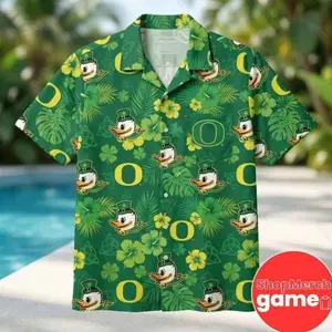 University of Oregon Ducks St Patricks Day 2026 Mascot Leprechaun Hat Green Shamrock Pattern Summer Collection Unisex Hawaiian Shirt OH2