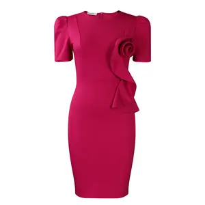 2025 New D571 Women's Fashion Elegant Sheath Dress with Puff Short Sleeves & Ruffle Detail in Sapphire Blue Polyester Material for Formal Occasions