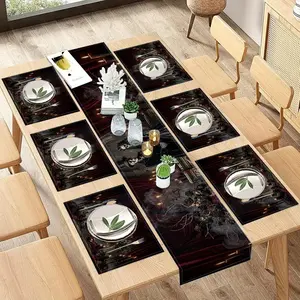 2D flat printing, 5-piece/7-piece Gothic style skull wedding table flag placemat set, dark Halloween table decoration fabric placemat table flag, indoor and outdoor festive atmosphere home decoration