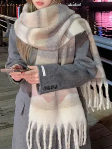 Women's Colorblock Tassel Decor Shawl, Casual Warm Thick Fluffy Soft Scarf for Fall & Winter, Fashion Accessories for Women & Girls