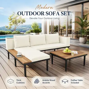 Elon Outdoor Sectional Sofa Patio Furniture Set Acacia Wood L-Shaped Conversation Set with Coffee Table Side Table and Removable Beige Cushions for Backyard Porch Garden Luxury Exterior Living Space Aesthetic Patio Decor Ideas