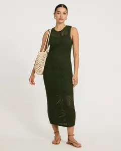 Express Open Stitch Crochet Crew Neck Midi Sheath Dress