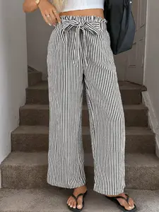 Summer Women's Striped Casual Elastic Waist Pants, Womenswear Bottoms, Wide Leg Loose Fit Trousers, Bohemian Flowing Long Pants for Vacation and Daily Commute