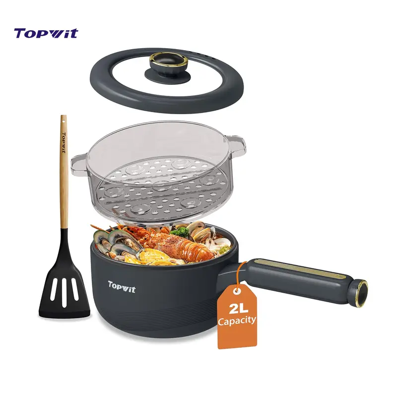 Topwit 2L Ceramic Non-Stick Adjustable Electric Hot Pot with Steamer, 800W Dual-Heat Modes Power Control Cooker, Space-Saving Reduces Oil Usage Dorm Portable for Ramen/Soup, Stove-Free Sauté (Silicone Spatula Included)