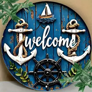 Aluminum Nautical Welcome Sign Wall Art Vintage Oceanic Decor With Anchor Ship Wheel And Sailboat Round Metal Poster For Beach House Bar Outdoor Space Retro Seaside Greeting Sign Perfect For Home Hotel Commercial Spaces Gift