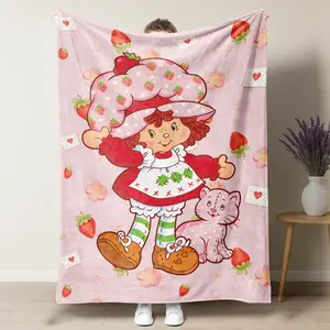 Vintage Strawberry Shortcake Blanket - Cute Retro Cartoon Character with Cat & Strawberry Pattern, Soft Plush Fleece Throw, Cozy Pink Couch & Bed Decor, Perfect Nostalgic Gift for 80s Cartoon Fans & Girls