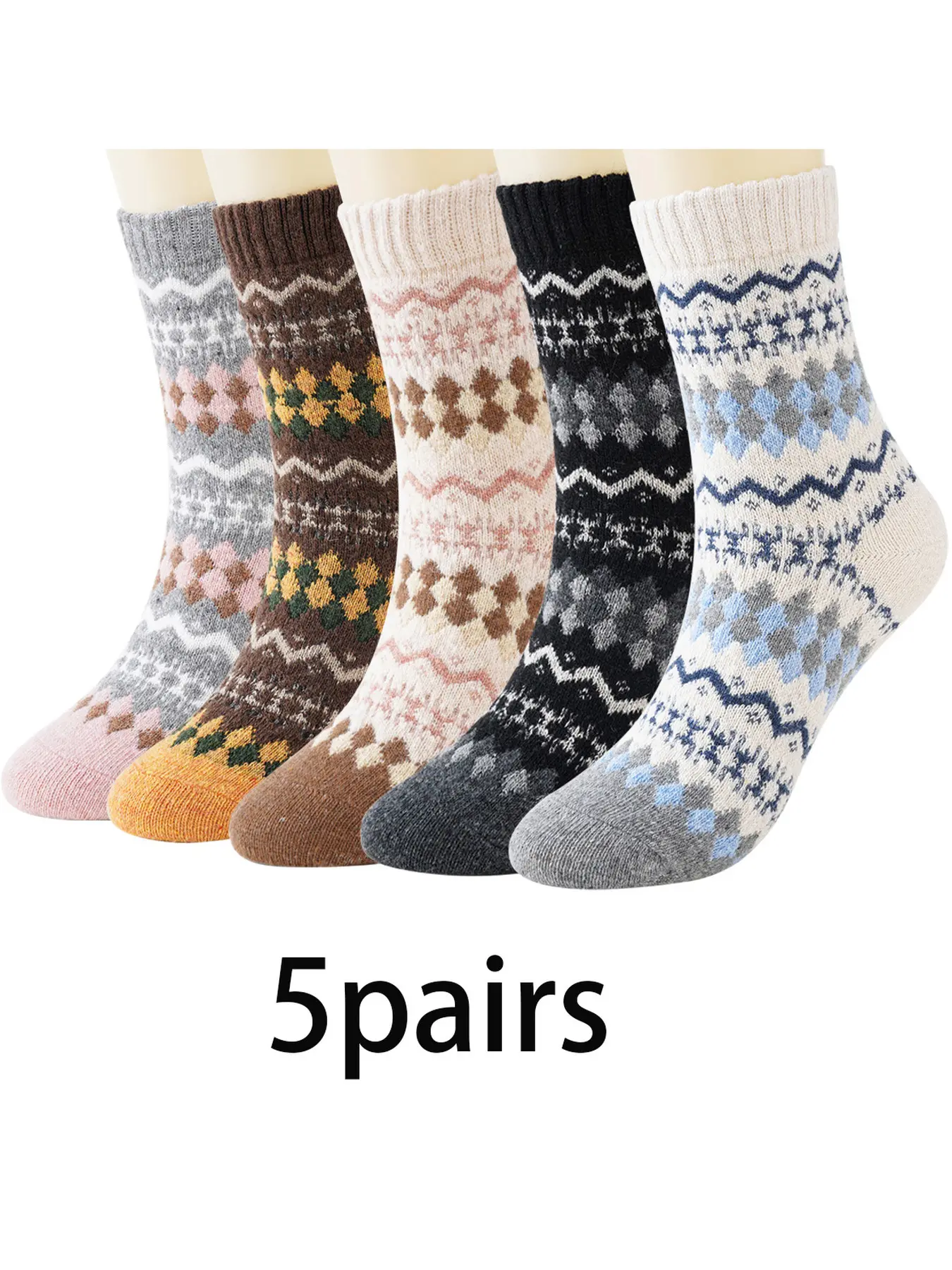5 pairs of comfortable printed mid-calf socks with anti-slip and thermal properties, casual couple's socks suitable for winter daily wear at home
