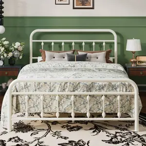 Twin/Full/Queen/King Size Metal Platform  Frame With Victorian Style Iron-Art Headboard And Footboard, Easy Assembly, Under  Storage, No Box Spring Required, White bed tall LED Cloud Gingham Daybed Trundle