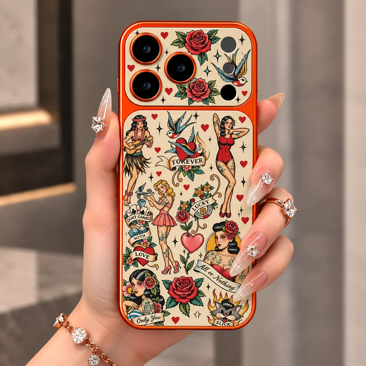 Vintage Tattoo Collage Phone Skin – Western Cowgirl, Roses & Lucky Charm Vinyl Wrap for iPhone, Retro Aesthetic Back & Camera Skin