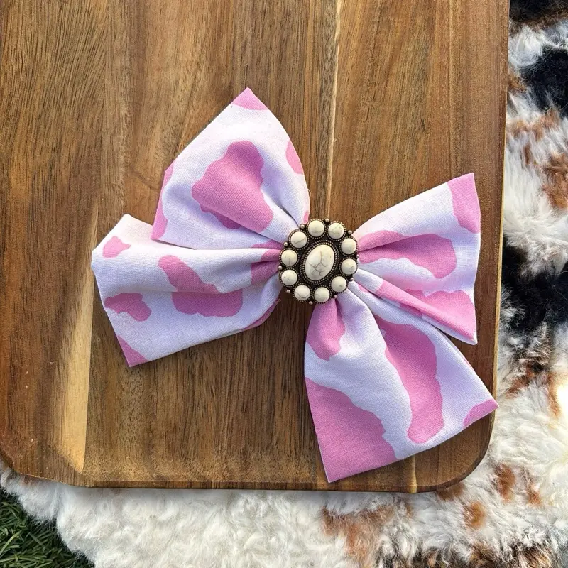 Unisex Short-Length Pink Western Animal Print Cowprint Fabric Bow Barrettes - Animal Charm, Heart Buckle Hair Clips, Stylish Outdoor Fashion Accessories, Animals