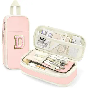 Preppy Pencil Case for Girls, Large Initial Pencil Pouch for School Supplies, Portable Pink Pen Bag with Zipper, Cute Aesthetic Pen Box, Compartments Stationary Organizer for Kids Teens Adultsv back to shcool